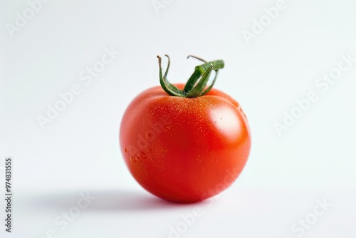 A solo tomato sits on a clean white background