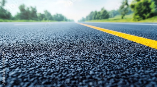 A close-up of smooth asphalt on an empty highway, with perfectly straight road lines asphalt, smooth, highway surface