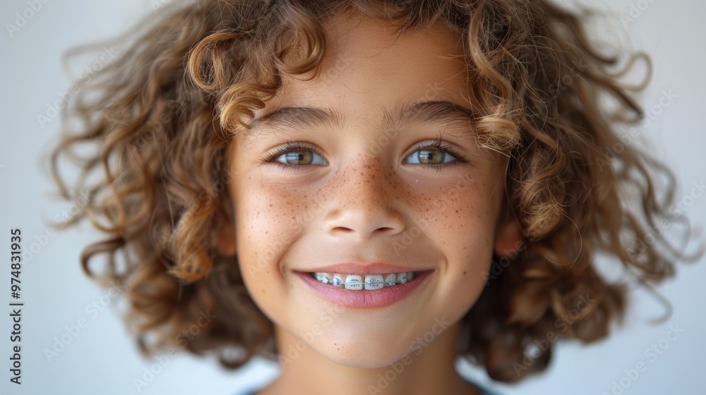 A young girl with braces on her teeth is smiling A young girl with braces on her teeth is smiling