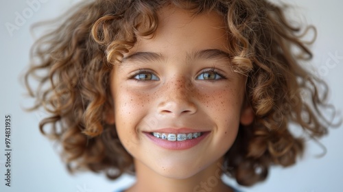 A young girl with braces on her teeth is smiling