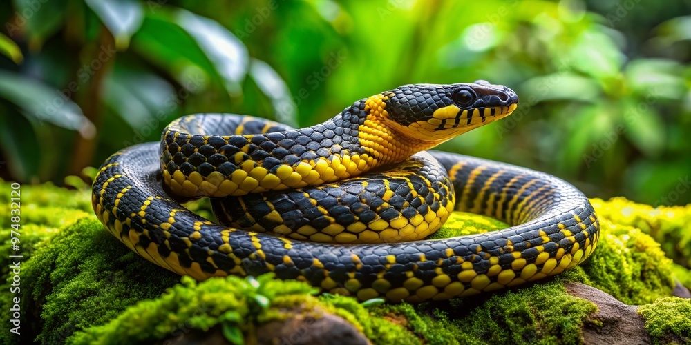 A vibrant black and yellow serpent, coiled on a mossy stone, its scaly body glistening in dappled sunlight, A vibrant black and yellow serpent, coiled on a mossy stone, its scaly body glistening in dappled sunlight,