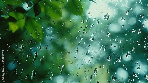 A high-definition close-up image of drops of water clinging to the surface of a clear glass. photo