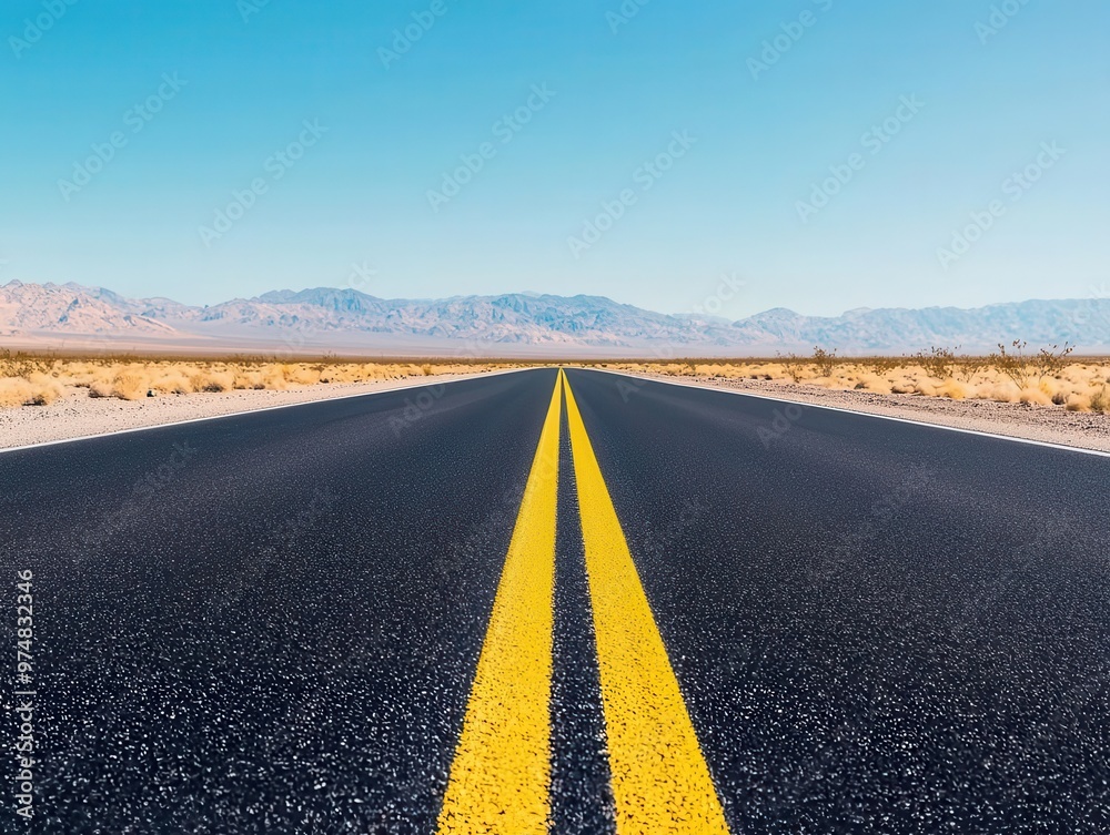Fototapeta premium A long desert highway with smooth asphalt disappearing into the horizon, framed by arid mountains desert highway, asphalt, smooth surface
