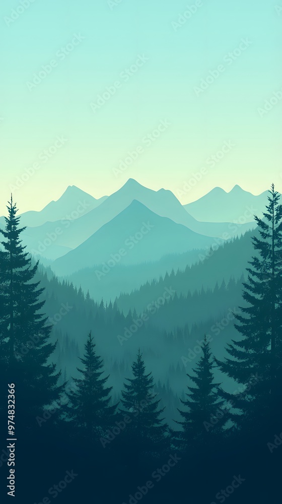Fototapeta premium Vector illustration of a forest landscape with mountains at sunrise, featuring a flat design with simple shapes and flat colors