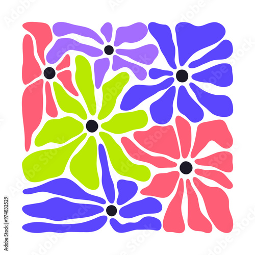 Abstract square florets shape. Flower design silhouette, blooming modern botanical symbol flat vector illustration. Hand drawn square shape poster