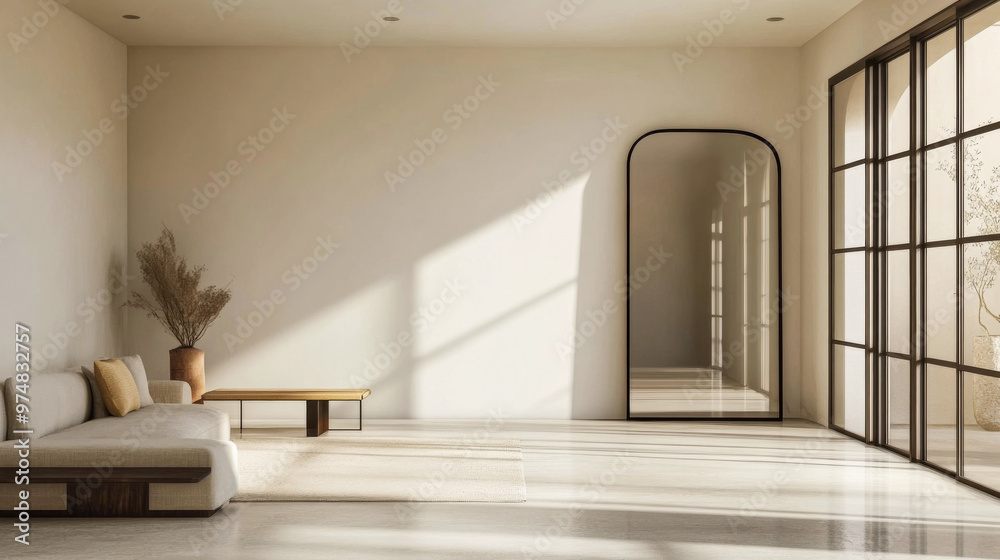 Fototapeta premium Luxurious Mediterranean room interior design with natural lighting, elegant furniture and large windows