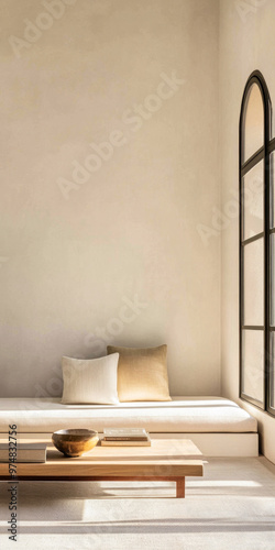 Luxurious Mediterranean room interior design with natural lighting, elegant furniture and large windows