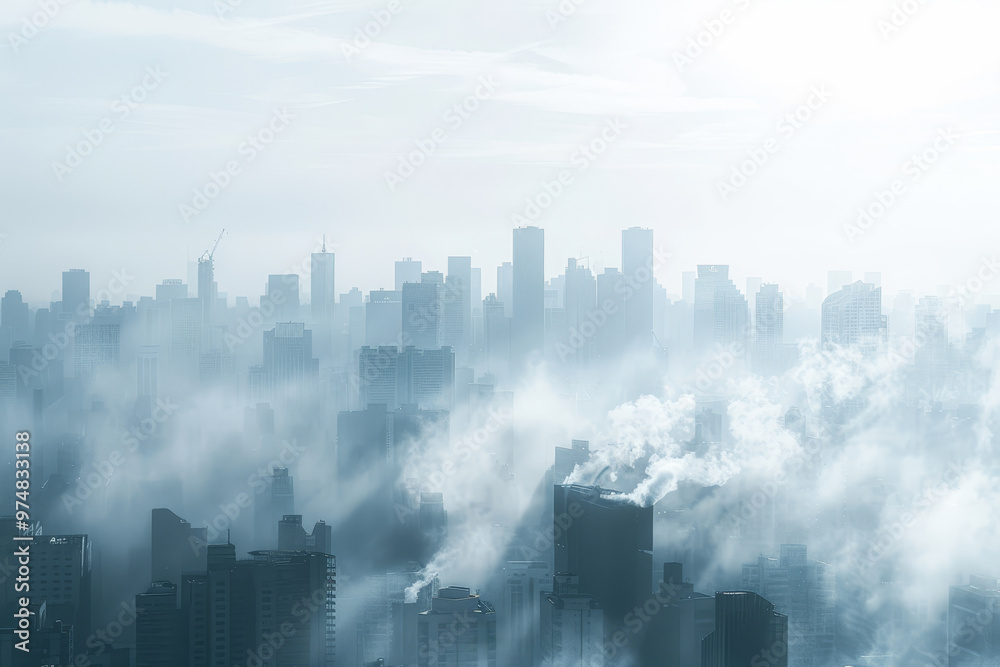 A city skyline is covered in fog, creating a moody and mysterious atmosphere A city skyline is covered in fog, creating a moody and mysterious atmosphere