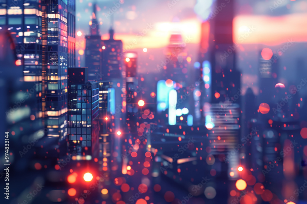 A cityscape with a bright orange sky and a city skyline A cityscape with a bright orange sky and a city skyline