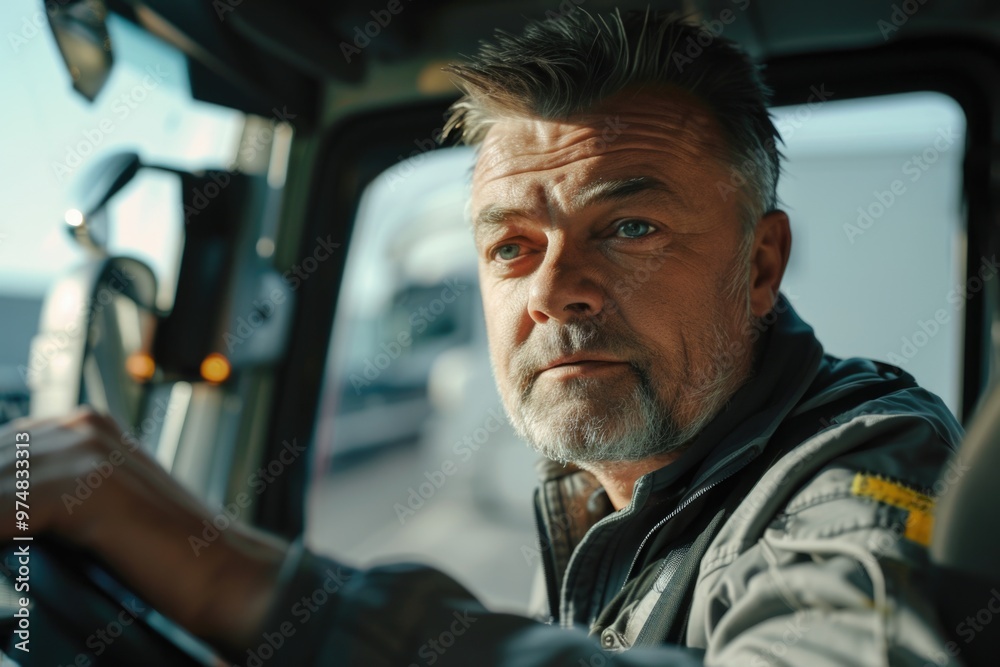 A person operating a large vehicle on a road, potentially for work or transportation purposes A person operating a large vehicle on a road, potentially for work or transportation purposes
