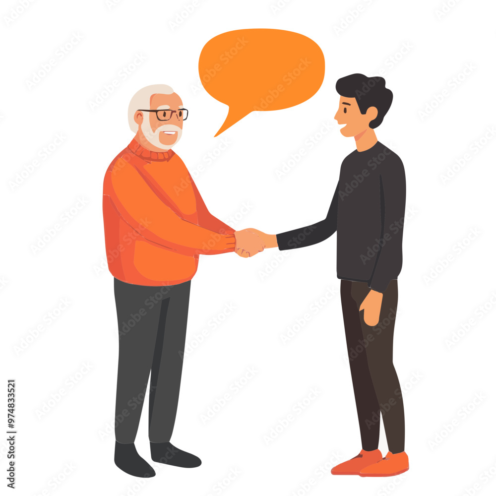 Elderly man shaking hands with a young man in a friendly gesture. Both appear happy, emphasizing intergenerational connection and communication. Elderly man shaking hands with a young man in a friendly gesture. Both appear happy, emphasizing intergenerational connection and communication.