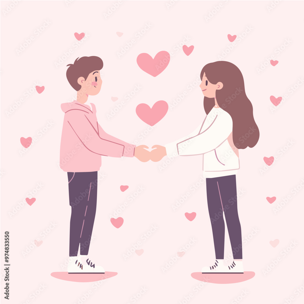 Cute vector of a boy and girl shaking hands with floating pink hearts, symbolizing love, friendship, and connection in a minimalist romantic style. Cute vector of a boy and girl shaking hands with floating pink hearts, symbolizing love, friendship, and connection in a minimalist romantic style.