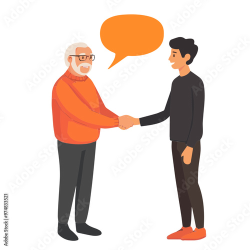Elderly man shaking hands with a young man in a friendly gesture. Both appear happy, emphasizing intergenerational connection and communication.