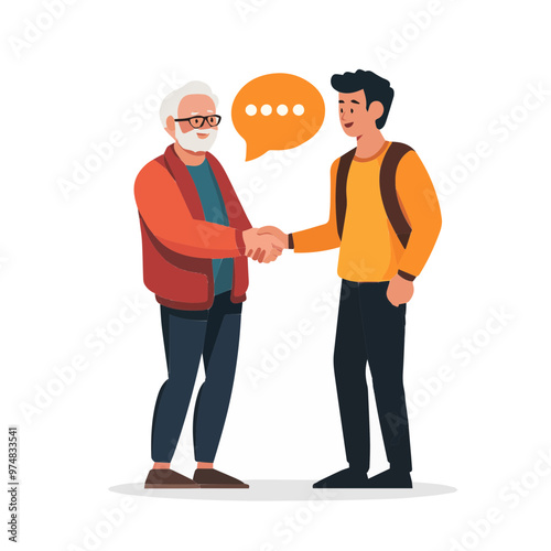 Vector art of elderly and young man shaking hands, perfect for depicting collaboration, respect, and teamwork in various social and business contexts.