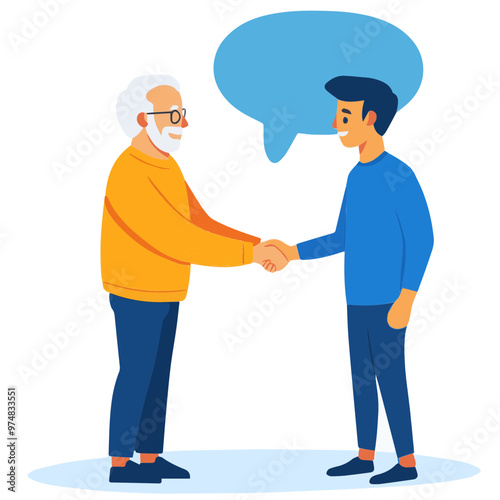 Elderly man and young man shake hands while smiling, emphasizing mutual respect and intergenerational bonding in a casual and friendly setting.