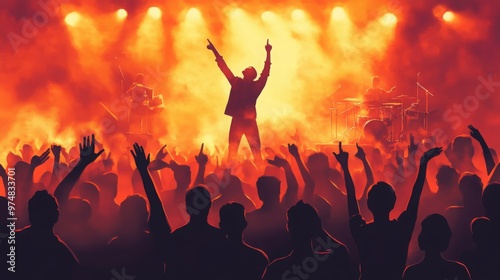 Open air music festival with crowd in foreground having fun, dancing and rising their hands. A performer is singing on stage during the concert while silhouettes of people having fun at concert