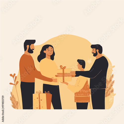 Flat vector of a family exchanging gifts during the festive season, showing warmth and togetherness in a modern illustration.