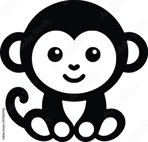 Charming Black and White Illustration of a Cute Stuffed Monkey
