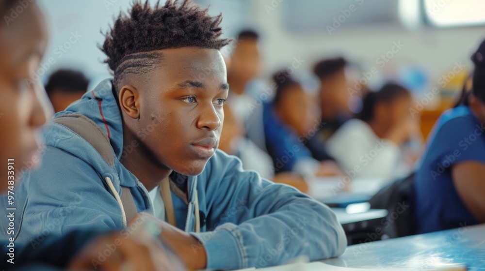A young student sits at a desk in a traditional classroom setting, focusing on his studies A young student sits at a desk in a traditional classroom setting, focusing on his studies