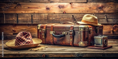 A warm and inviting farewell scene featuring a vintage-style suitcase, passport, and travel accessories on a rustic photo