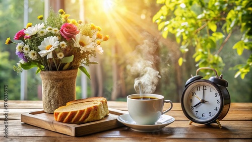 A warm and inviting morning scene featuring a clock striking 8, surrounded by steaming coffee, toast, and a photo