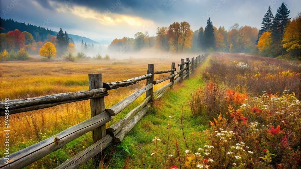 A weathered, rustic wooden fence stretches across a misty, gray-brown landscape, blending seamlessly with the foggy, A weathered, rustic wooden fence stretches across a misty, gray-brown landscape, blending seamlessly with the foggy,