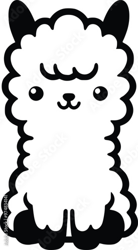 Cute Cuddly Alpaca Black and White Illustration