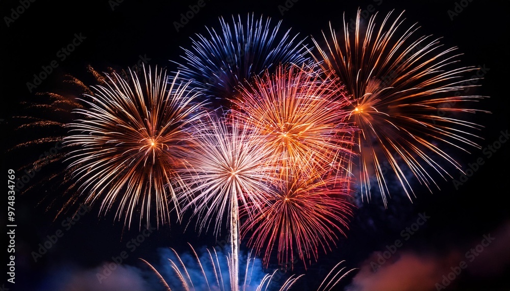 Isolated fireworks with depth of field capturing vibrant colors and festive atmosphere Isolated fireworks with depth of field capturing vibrant colors and festive atmosphere