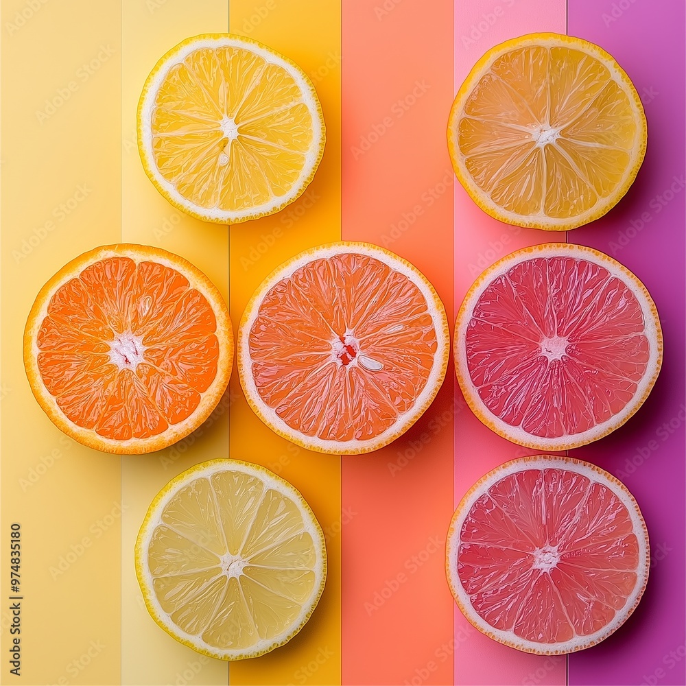 Fototapeta premium Colorful slices of lemon, grapefruit, and orange on a bright, multi-colored background, showcasing fresh and vibrant contrast.