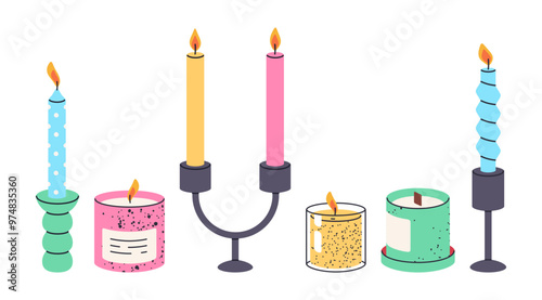 Wax scented candles. Cute colorful candles in candlestick, taper burning candles flat vector illustration set. Aroma taper candles on white
