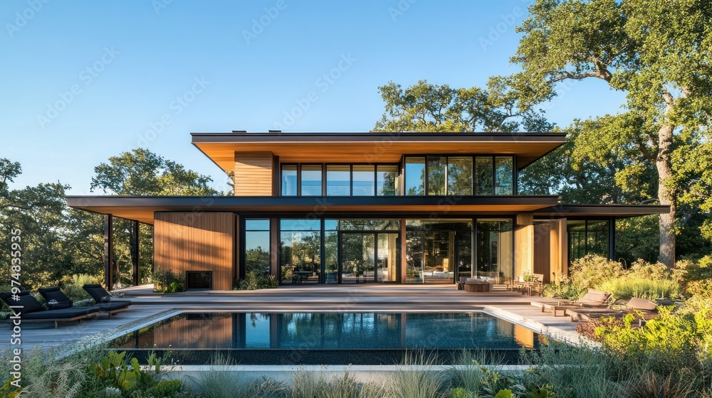 Modern House with Pool and Expansive Windows Surrounded by Greenery Modern House with Pool and Expansive Windows Surrounded by Greenery