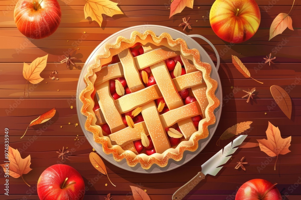 A warm apple pie surrounded by fresh apples and autumn leaves A warm apple pie surrounded by fresh apples and autumn leaves