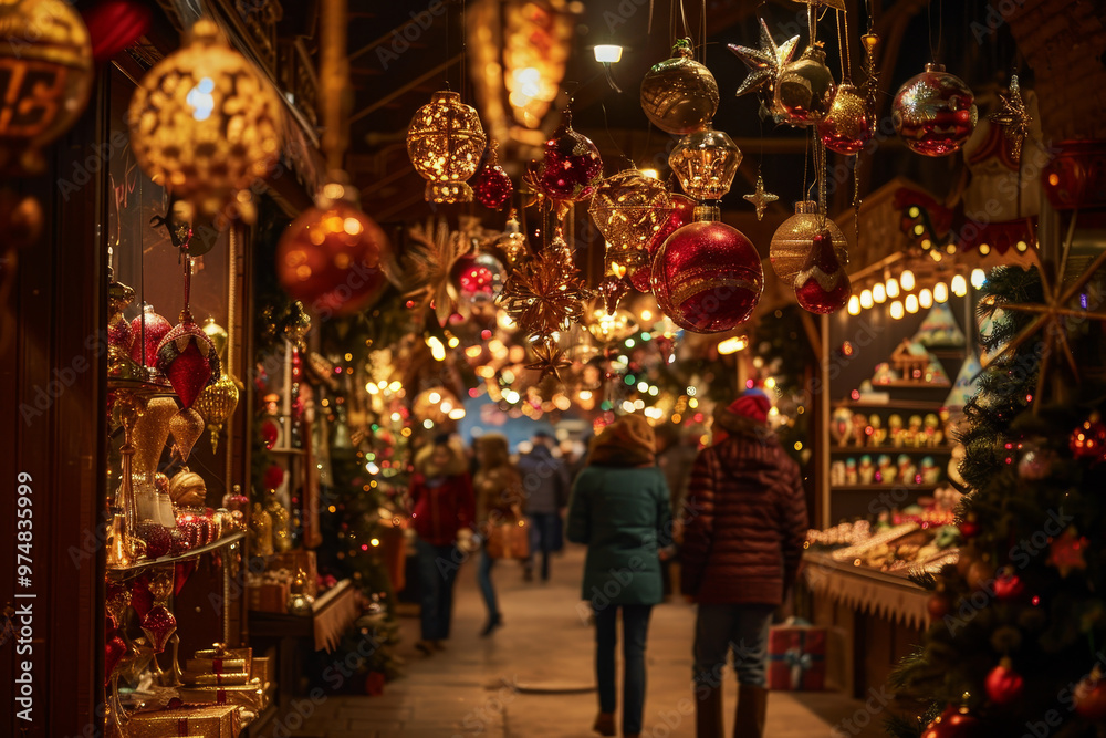 Obraz premium A busy Christmas market with people walking around and a lot of decorations