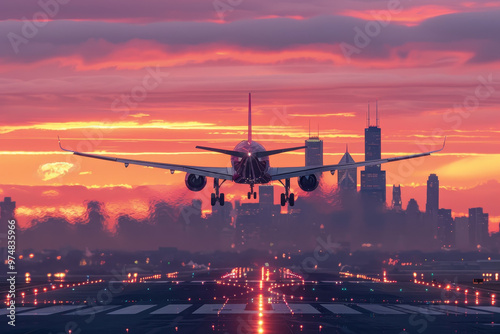 A large jet is flying over a city at sunset