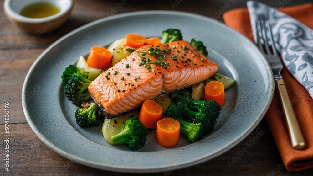 Delicious Grilled Salmon Fillet with Fresh Vegetables on a Rustic Plate for a Healthy Meal Delicious Grilled Salmon Fillet with Fresh Vegetables on a Rustic Plate for a Healthy Meal
