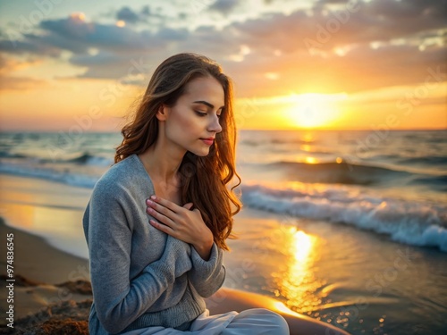 A young woman sits serenely on a beach at sunset, her hands gently cupping her chest, conveying a