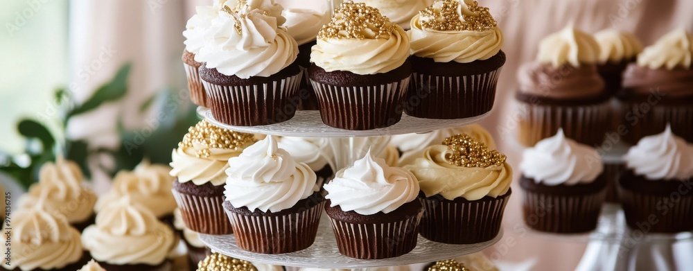 A stack of cupcakes with gold and white frosting A stack of cupcakes with gold and white frosting