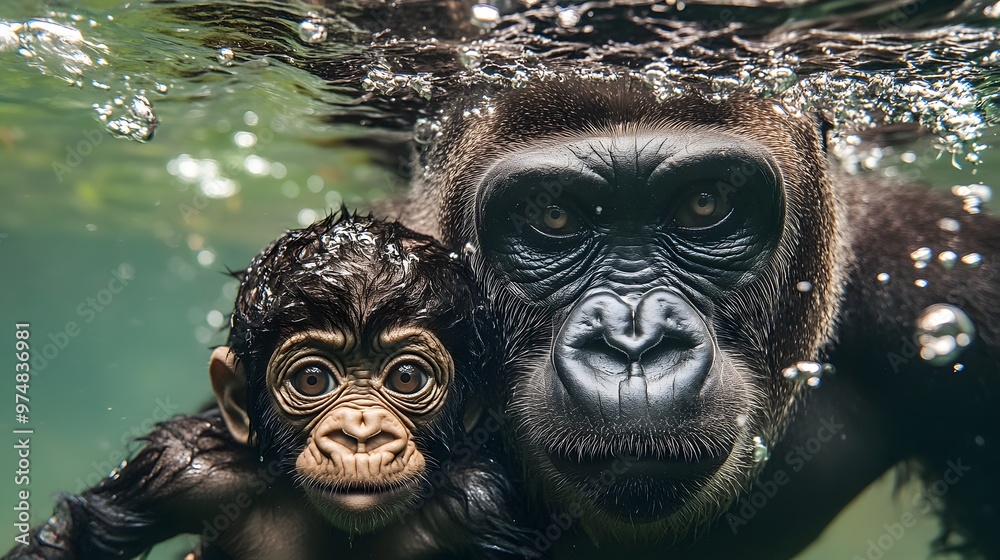 Mother Gorilla Swimming with Her Baby in Crystal Clear Water with Air Bubbles, Photo Realistic, Standard Background, Wallpaper, Cover and Screen for Smartphone, PC, Laptop, 9:16 and 16:9 Format Mother Gorilla Swimming with Her Baby in Crystal Clear Water with Air Bubbles, Photo Realistic, Standard Background, Wallpaper, Cover and Screen for Smartphone, PC, Laptop, 9:16 and 16:9 Format