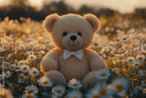 whimsical oversized teddy bear in pastelcolored bowtie sitting in a field of daisies soft dreamy lighting enhancing its cuddly appearance