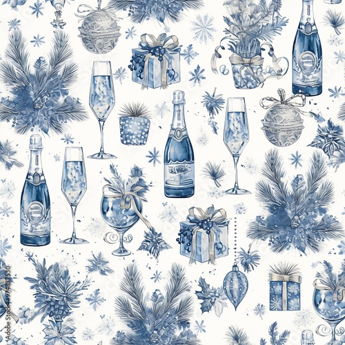 New Year, Christmas,Toile de Jouy style, seamless pattern with champagne glasses, bottles and gifts. 