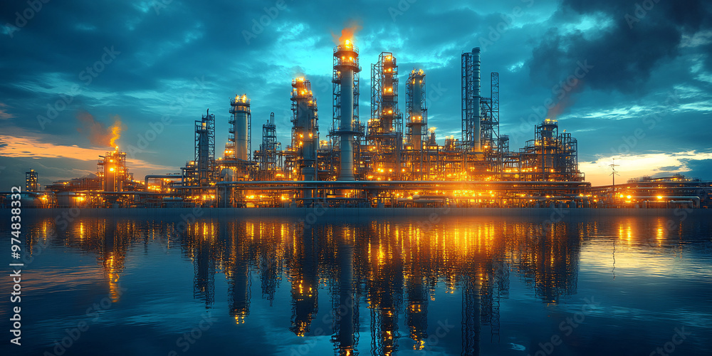 Naklejka premium A futuristic factory plant and energy industry devotion concept in creative design. It depicts modern technology and innovation in manufacturing and production.