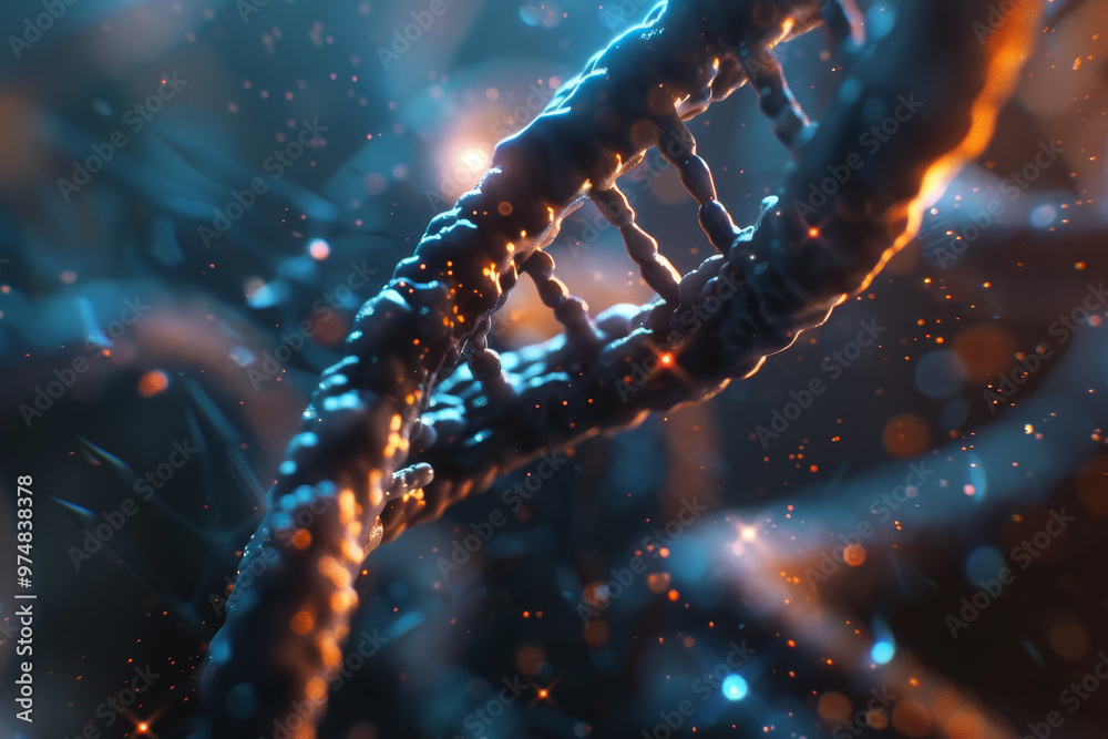 A close up of a DNA strand with a blue background A close up of a DNA strand with a blue background