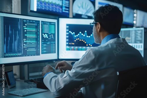 A man in a lab coat is working on a computer with two monitors