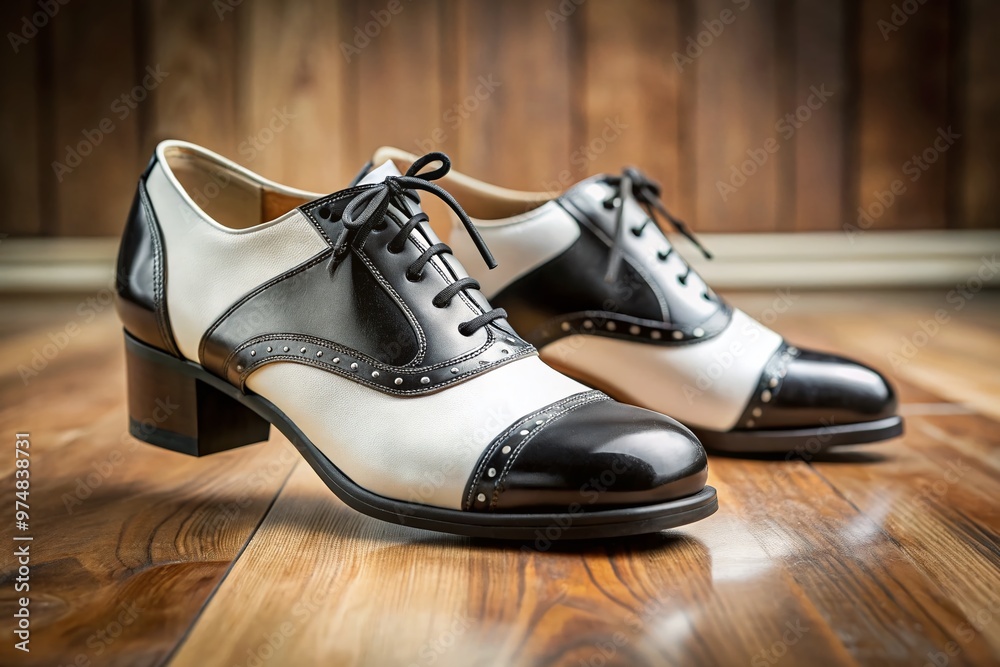 Classic black and white oxford-style tap shoes with metal plates on the ball and heel of the foot, Classic black and white oxford-style tap shoes with metal plates on the ball and heel of the foot,