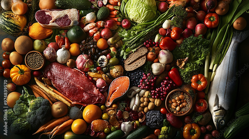 Gemüse, Salat, Obst, Fisch und Fleisch für eine gesunde und ausgewogene Ernährung, Risikofaktoren für die Gesundheit mit gutem und gesunden Essen reduzieren