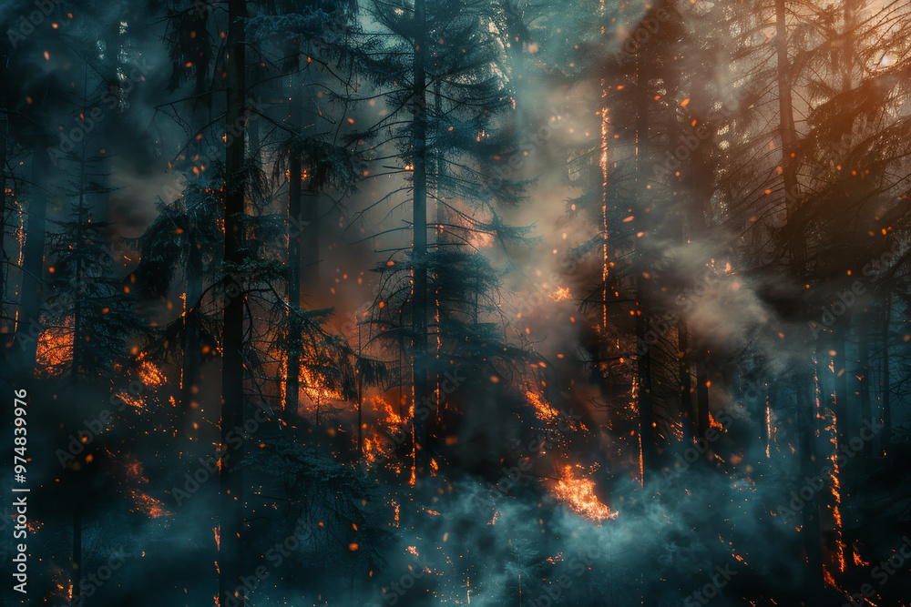A forest fire is raging through a wooded area, with smoke