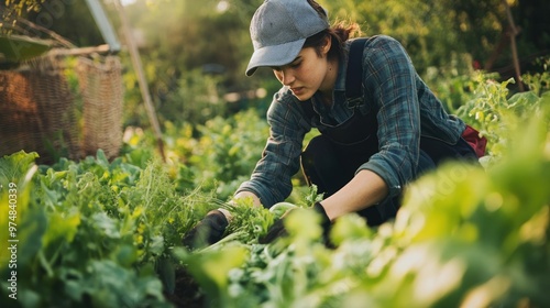 Close-up of a student working on a farm, harvesting vegetables helping with farm work. AI-generated image