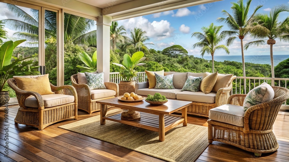 Fototapeta premium Coastal-inspired, budget-friendly furniture pieces, such as woven wicker armchairs and reclaimed wood coffee tables,