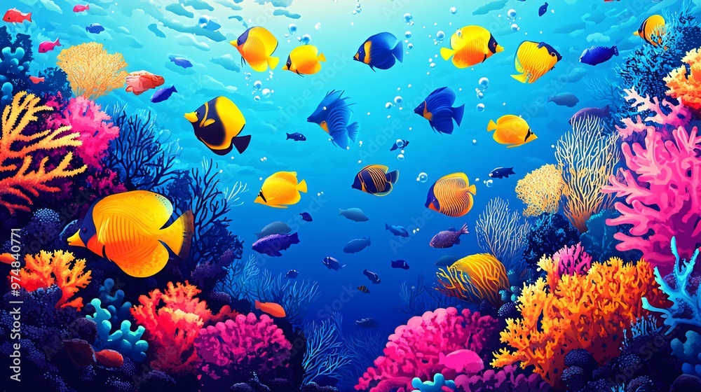 Fototapeta premium A vibrant underwater scene with colorful coral reefs and fish swimming in the blue water.