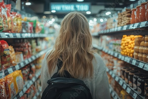 woman in grocery aisle comparing product labels shelves stocked with colorful packages soft store lighting highlights decisionmaking process